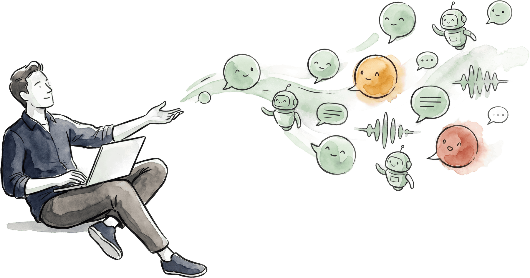 An operator reviewing a live stream of AI-agent conversations: most healthy, a few flagged or failing