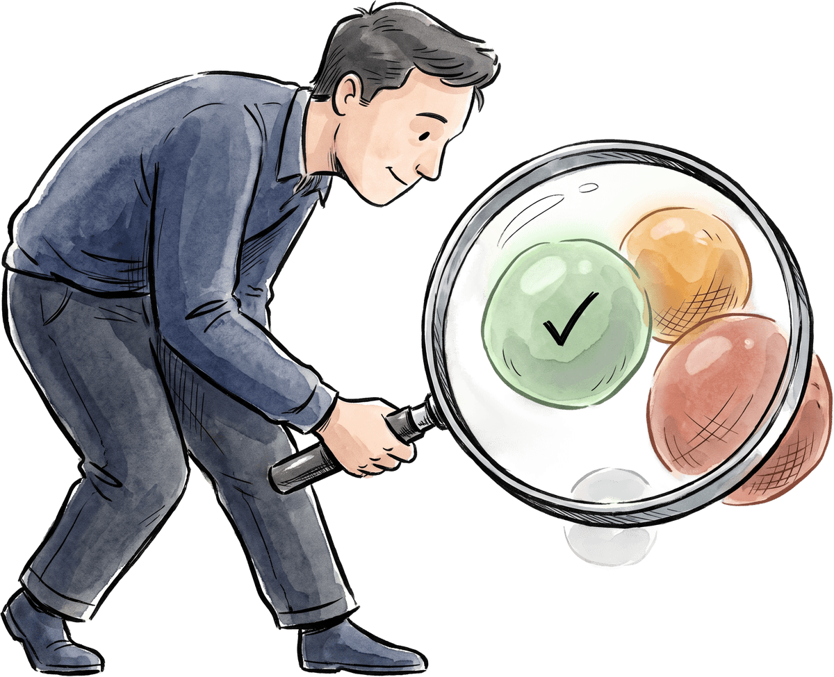 An auditor inspecting AI conversations through a loupe: one passes, others are flagged or failing