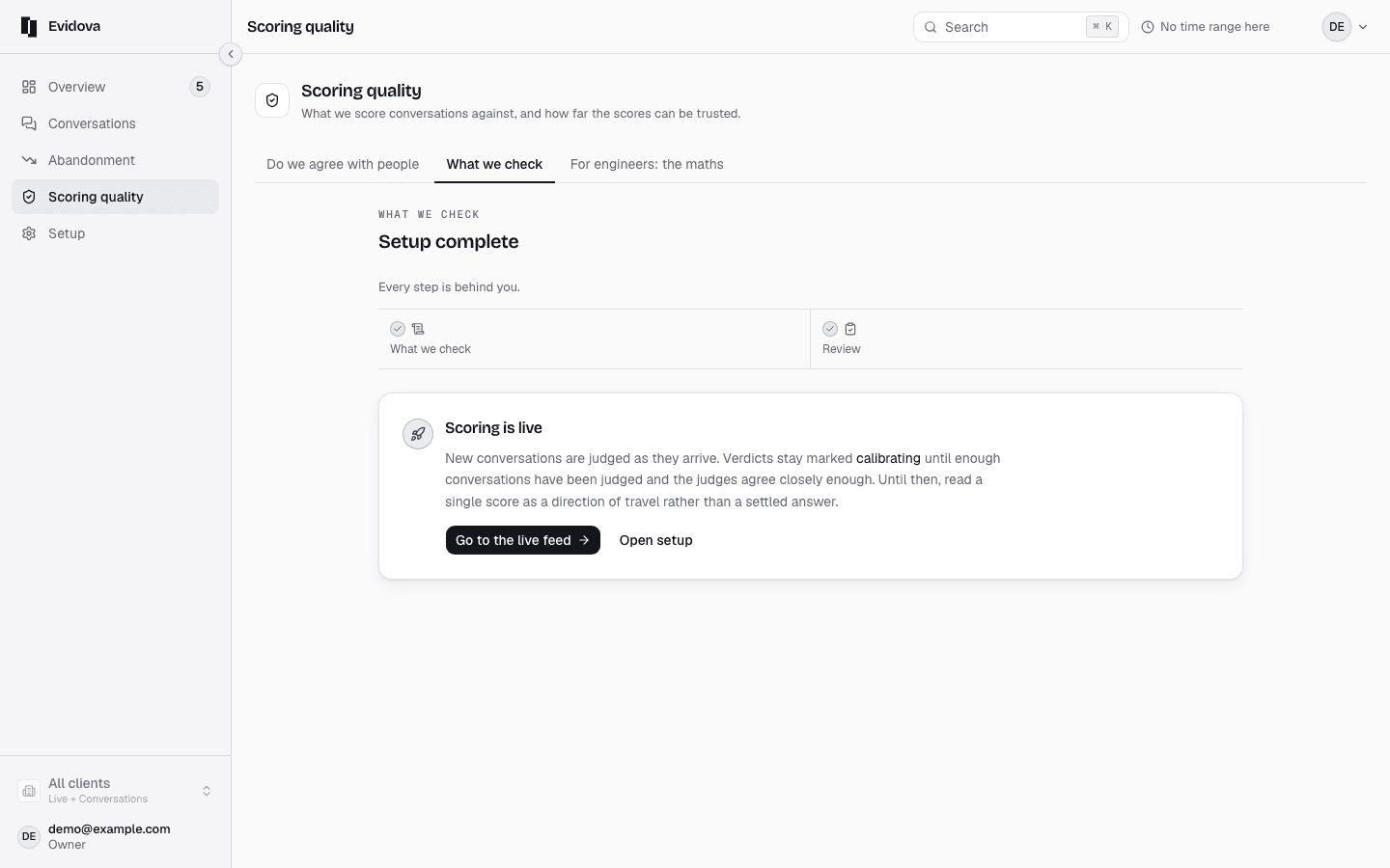 The Say what good looks like step: an industry pack to apply, a form for pasting your own documents, and the control that compiles rules out of them.