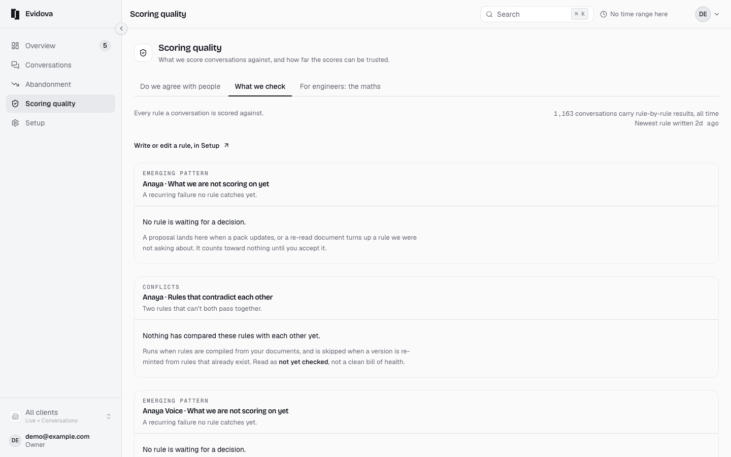 The What we check screen with an emerging pattern waiting on a decision: the question it would ask, how many conversations it explains, and the two decision buttons.