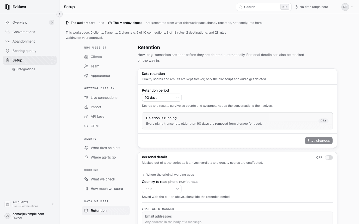 The Retention section of Setup: how long transcripts are kept, the switch that masks personal details on arrival, and the fixed list of what gets masked.